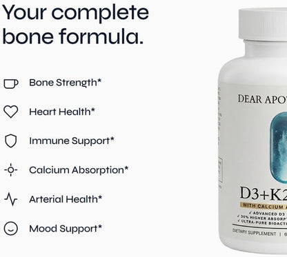 D3+K2 Max Vitamin D3 125mcg + K2 MK-7 100mcg with Calcium 210mg & BioPerine - Bone, Heart & Immune Support - Non-GMO, Gluten Free - 60 Capsules