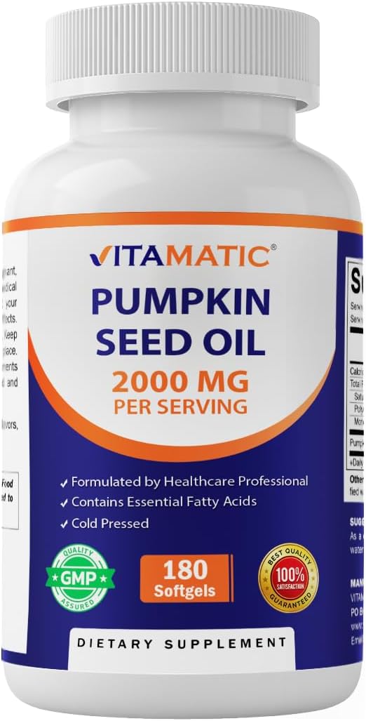 Vitamatic Pumpkin Seed Oil 2000mg Softgel Capsules, 180 Softgels | 1000mg per Softgel