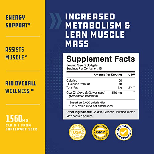 CLA Diet Weight Loss Pills - Women and Men - Pure Conjugated Linoleic Acid - Safflower