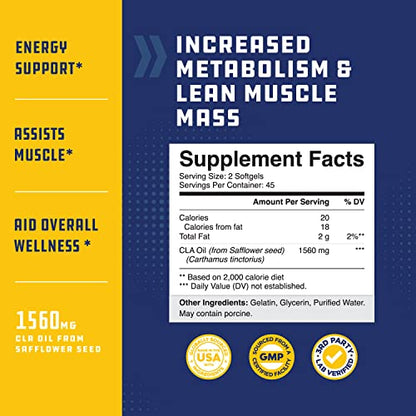 CLA Diet Weight Loss Pills - Women and Men - Pure Conjugated Linoleic Acid - Safflower