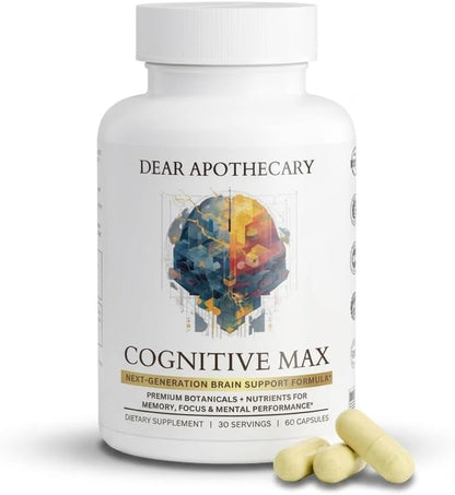 Cognitive Max Dear Apothecary Nootropic Brain Supplement - Focus Memory Clarity Energy Concentration, DMAE Bacopa Phosphatidylserine Huperzine A, Non-GMO Gluten Free, 60 Count
