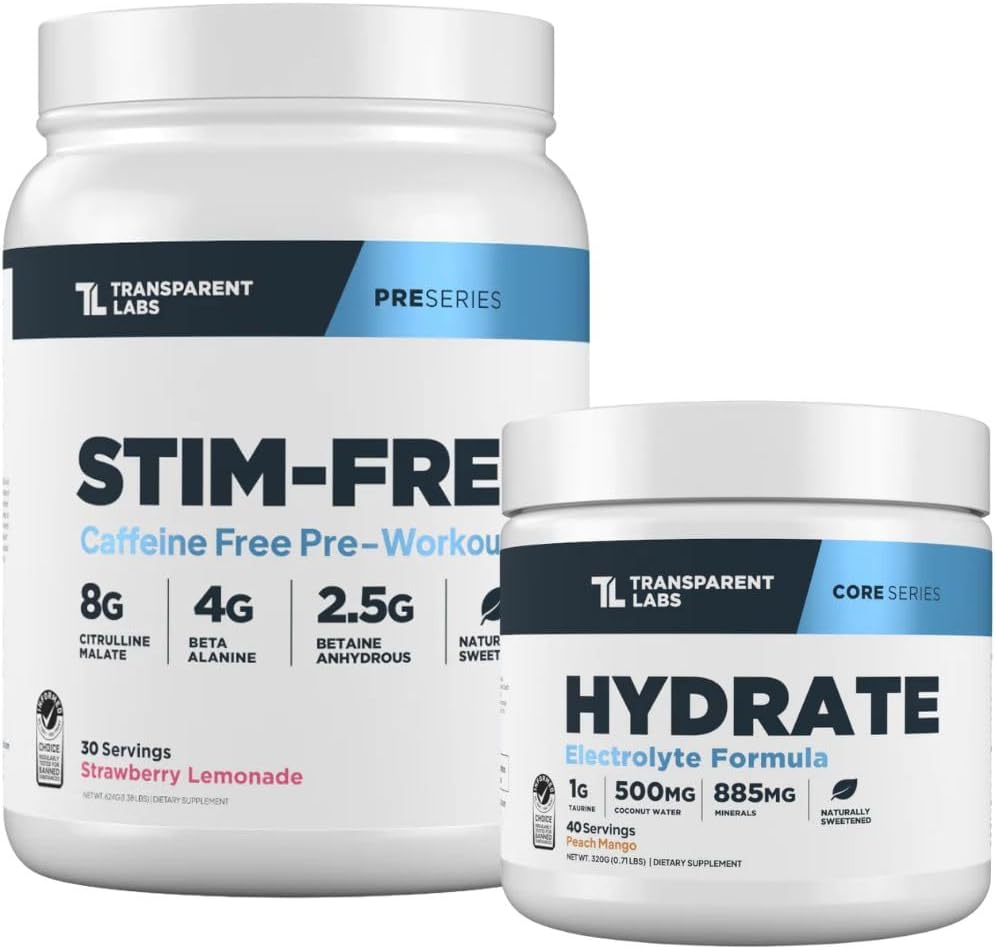 Transparent Labs Stim-Free Pre-Workout Powder (30 Servings, Strawberry Lemonade) & Hydrate Electrolytes Powder (40 Servings, Peach Mango)