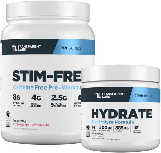 Transparent Labs Stim-Free Pre-Workout Powder (30 Servings, Strawberry Lemonade) & Hydrate Electrolytes Powder (40 Servings, Peach Mango)