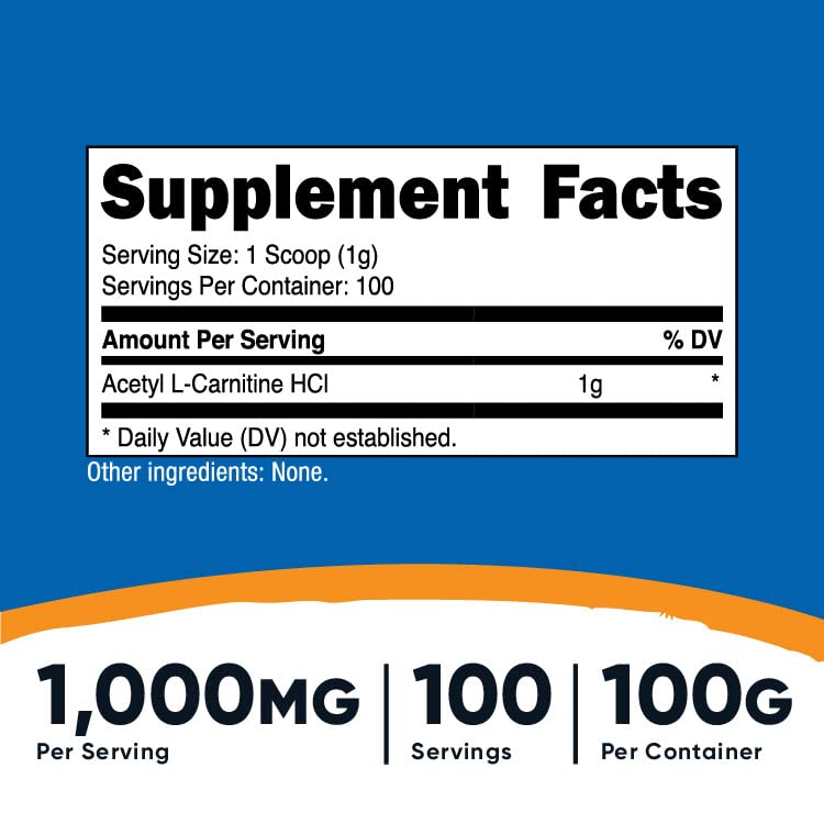 Nutricost Acetyl L-Carnitine (ALCAR) 100 Grams - 1000mg Per Serving - Non-GMO, Gluten Free