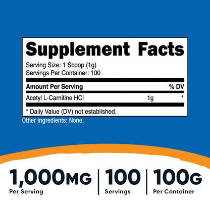 Nutricost Acetyl L-Carnitine (ALCAR) 100 Grams - 1000mg Per Serving - Non-GMO, Gluten Free