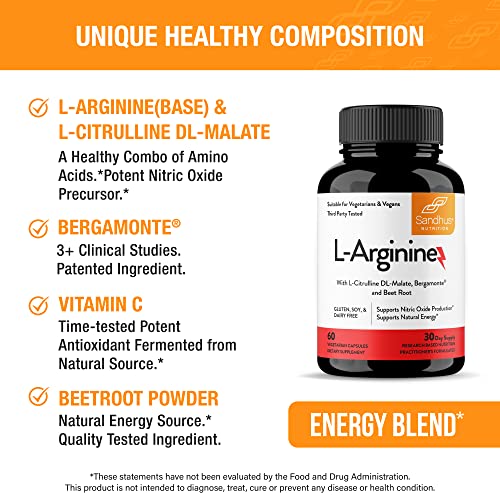 Sandhu's L-Arginine with Nitric Oxide Precursor | Made in The USA| 30 Days Supply