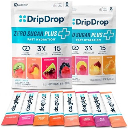 DripDrop Hydration Zero Sugar Plus Electrolyte Packets, Bundle, 16 Ct | Raspberry Lemonade, Watermelon, Tangerine, Tropical Punch, Strawberry Kiwi, Peach, Cherry Limeade, Wild Berry; Sugar Free