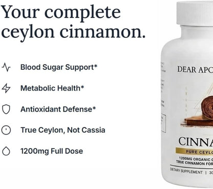 Organic Ceylon Cinnamon 1200mg True Cinnamon Capsules - Blood Sugar Support, Metabolism & Joint Health - Not Cassia, Pullulan Vegan Non-GMO Gluten Free - 60 Count