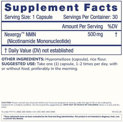 ProHealth Longevity Essentials NMN 500 (500mg, 30 Capsules) - Featuring Nexergy™ NMN 500mg Supplement, NAD+ Precursor, Dietary Supplement, Cellular Health, Metabolism Support
