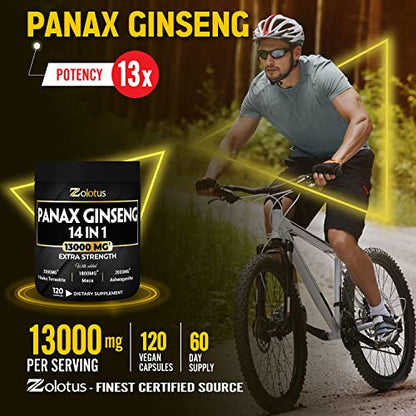Premium Panax Ginseng 14 in 1, 13X Potency, High Strength Capsules with Horny Goat Weed