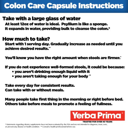 Yerba Prima Prebiotics Colon Care Fiber Caps, 180 Capsules - Five Forms of Fiber Plus