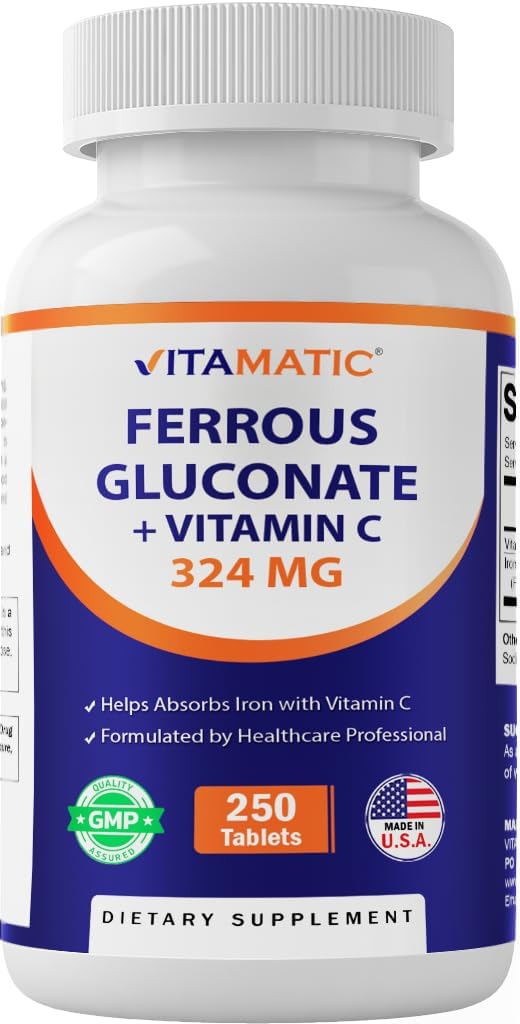 Vitamatic Ferrous Gluconate 324 mg + Vitamin C 100 mg - No Artificial Color Additives - Gentle on Stomach - 250 Tablets - Made in USA