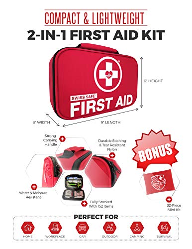 Swiss Safe 2-in-1 First Aid Kit (120 Piece) + Bonus 32-Piece Mini Kit