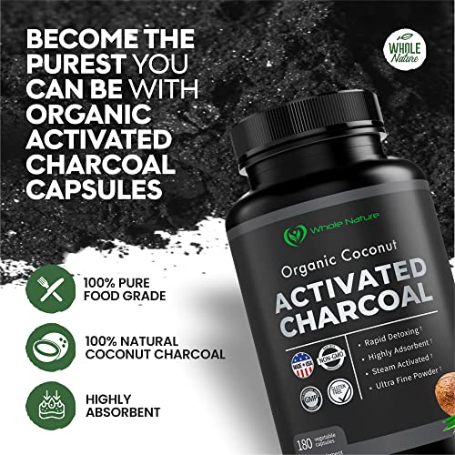 Coconut Activated Charcoal Capsules, 180 Charcoal Pills, Detox, Teeth Whitening, Reduce
