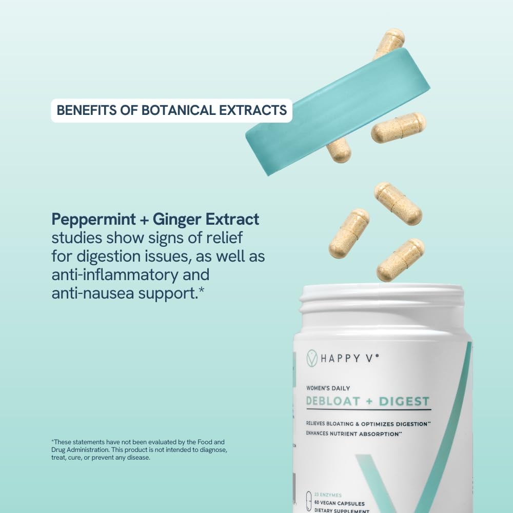 Happy v Debloat + Digest – Digestive Enzymes for Women to Support Bloating, Gas, Constipation, Gut Health, and Nutrient Absorption – Stomach Comfort & Digestion Support Supplement – 60 Vegan Capsules