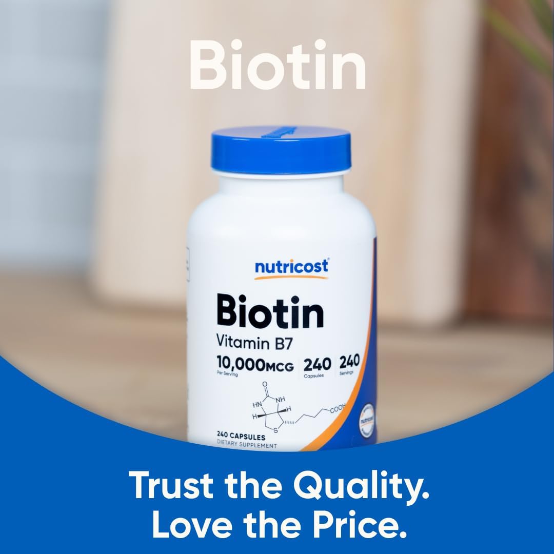 Nutricost Biotin (Vitamin B7) 10,000mcg (10mg) Vitamin Supplement, 240 Capsules - Vegetarian, Gluten Free, Quick Release, Non-GMO