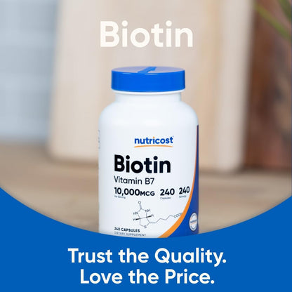 Nutricost Biotin (Vitamin B7) 10,000mcg (10mg) Vitamin Supplement, 240 Capsules - Vegetarian, Gluten Free, Quick Release, Non-GMO