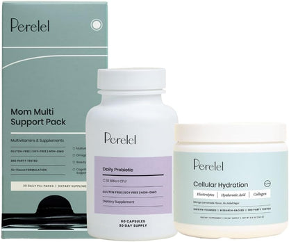 Perelel Postpartum Care Bundle, Mom Multi Support Pack & Hydration Powder & Daily Probiotic, 30 Daily Pill Packs & 28 Servings of Hydration Powder & 60 Capsules