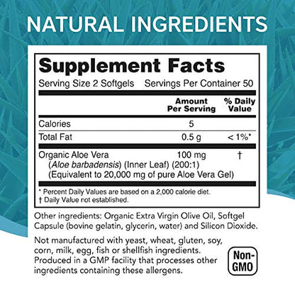 NutriWorth Aloe Vera Supplement (100 Softgels) 20,000mg Pure Gel Equivalency