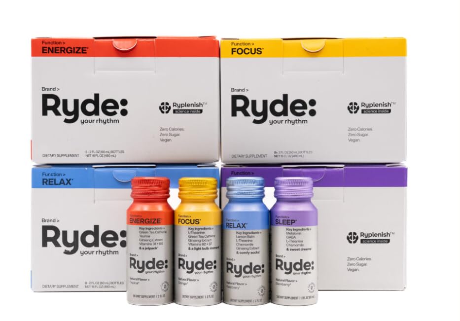 Ryde Discovery Pack Bundle, Energize, Focus, Relax & Sleep Shots, Green Tea Caffeine, Ginseng, B Vitamins, L-Theanine, Lemon Balm, Chamomile, Melatonin, 0 Calories, 0 Sugar, Variety Pack (32 Pack)