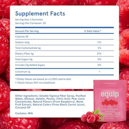 Equip Foods Core Colostrum Gummies - Delicious and Convenient - 1g Ultra-Premium Grass Fed Colostrum Per Serving - Gut Health, Immunity, Hair and Skin, Peach Mango & Raspberry