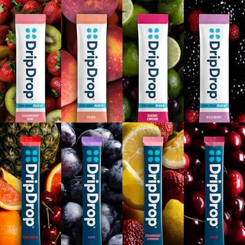 DripDrop Hydration Zero Sugar Plus Juicy Electrolyte Packets, Bundle, 32 Ct | Fruit Punch, Grape, Strawberry Lemonade, Cherry & Sugar Free Strawberry Kiwi, Peach, Cherry Limeade, Wild Berry; Single Serve