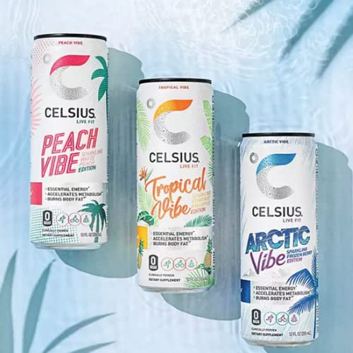 CELSIUS Energy Drink |Functional Essential Energy Drink Peach Vibe, Tropical and Arctic