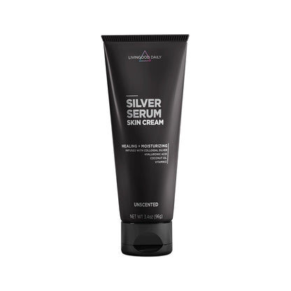 Livingood Daily Silver Serum Skin Cream, Moisturizing Body Cream with Colloidal Silver, Hyaluronic Acid, Coconut Oil & Vitamin E, Unscented Body Moisturizer for Dry Skin, Women & Men, 3.4 Oz