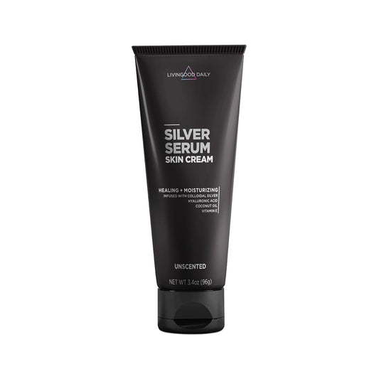 Livingood Daily Silver Serum Skin Cream, Moisturizing Body Cream with Colloidal Silver, Hyaluronic Acid, Coconut Oil & Vitamin E, Unscented Body Moisturizer for Dry Skin, Women & Men, 3.4 Oz