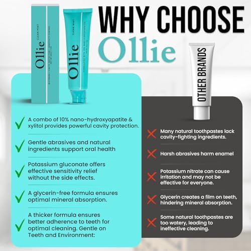 Ollie Clean Mint Toothpaste with 10% Nano Hydroxyapatite & Enzy-Strips Peroxide-Free Teeth Whitening Strips for Sensitive Teeth – Enamel Repair, Remineralization & Whitening Bundle
