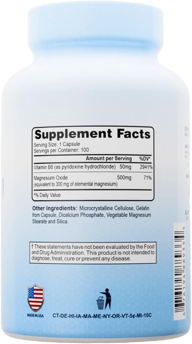 Magnesium Plus B-6 500 Mg by Alfa Vitamins - Cardiovascular Health - Supports Energy Production &r Enzyme Function - 100 Capsules
