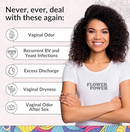Flower Power Vegan Boric Acid Suppositories - 30 Capsules - 600mg for Vaginal Odor and pH Balance