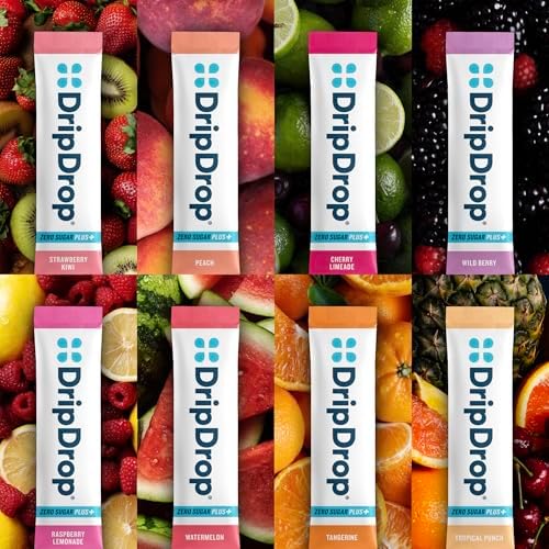 DripDrop Hydration Zero Sugar Plus Electrolyte Packets, Bundle, 16 Ct | Raspberry Lemonade, Watermelon, Tangerine, Tropical Punch, Strawberry Kiwi, Peach, Cherry Limeade, Wild Berry; Sugar Free
