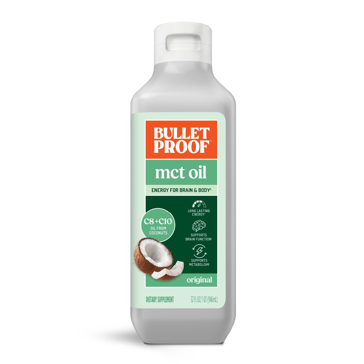 Bulletproof C8 & C10 MCT Oil, 100% Pure Coconut Oil, Triple-Distilled for Sustained Keto Energy, Unflavored, No Additives or Fillers, Non-GMO, 16 oz