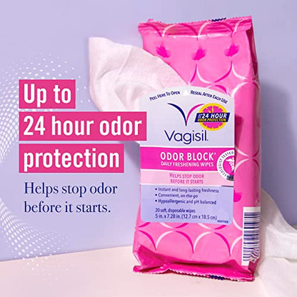 Vagisil Odor Block Daily Freshening Wipes for Feminine Hygiene in Resealable Pouch