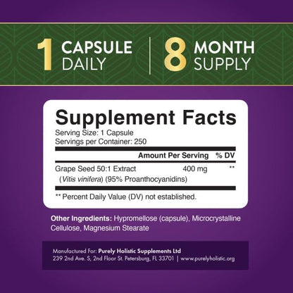 Grape Seed Extract Capsules, 8 Month Supply, 50:1 Concentrated Grape Seeds | 95% Proanthocyanidins for Antioxidant Support, Grapeseed Extract Supplement, Vegan, Gluten-Free and Non-GMO, 250 Capsules