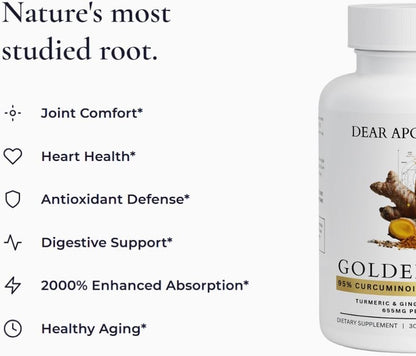 Golden Root - Turmeric Curcumin 95% with BioPerine & Ginger, Organic Turmeric Supplement, 655mg Per Serving, 60 Capsules, Vegan, Non-GMO, Gluten Free, Made in USA