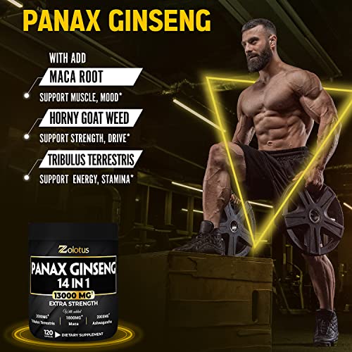 Premium Panax Ginseng 14 in 1, 13X Potency, High Strength Capsules with Horny Goat Weed