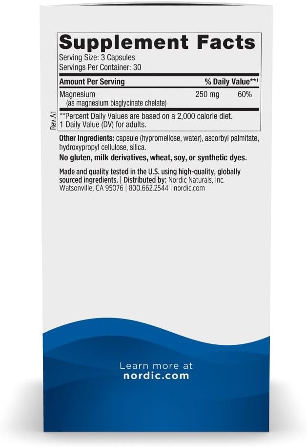 Nordic Naturals Magnesium Glycinate, 250mg - Vegetarian Capsules - 90 Count | 250mg Magnesium per Serving. Highly Bioavailable Glycinate Form. Muscle & Cardiovascular Support. Non-GMO. 30 Servings.