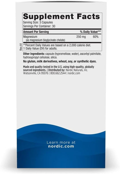 Nordic Naturals Magnesium Glycinate, 250mg - Vegetarian Capsules - 90 Count | 250mg Magnesium per Serving. Highly Bioavailable Glycinate Form. Muscle & Cardiovascular Support. Non-GMO. 30 Servings.