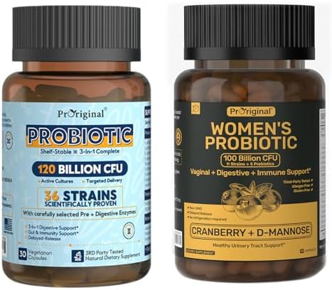 Probiotics Bundle for Women & Men – 120 Billion CFU + Women’s Probiotic | 36 Strains Probiotics with Prebiotics & Enzymes for Digestive Health + Women’s Probiotic with Cranberry & D-Mannose for Vagina