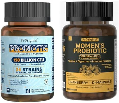 Probiotics Bundle for Women & Men – 120 Billion CFU + Women’s Probiotic | 36 Strains Probiotics with Prebiotics & Enzymes for Digestive Health + Women’s Probiotic with Cranberry & D-Mannose for Vagina