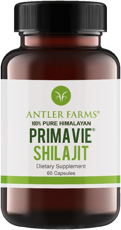 Antler Farms PrimaVie Shilajit for Men Extract - 60 Capsules, 250mg | 100% Pure, Standardized to 50% Fulvic Acid, Wild Harvested Resin from The Himalayas, Powerful Adaptogenic Supplement