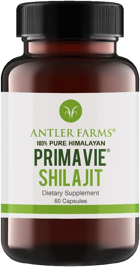 Antler Farms PrimaVie Shilajit for Men Extract - 60 Capsules, 250mg | 100% Pure, Standardized to 50% Fulvic Acid, Wild Harvested Resin from The Himalayas, Powerful Adaptogenic Supplement