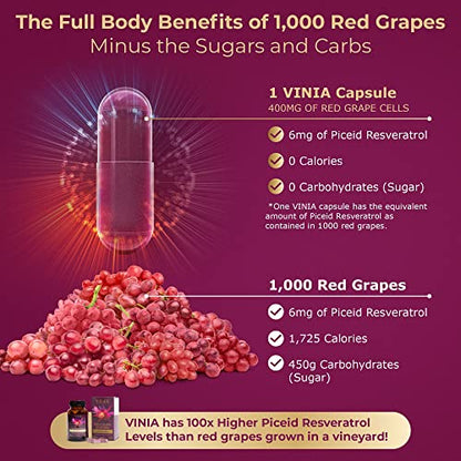 VINIA 12-Hour Sustained Release Piceid Resveratrol Supplement. Nitric Oxide Supplement