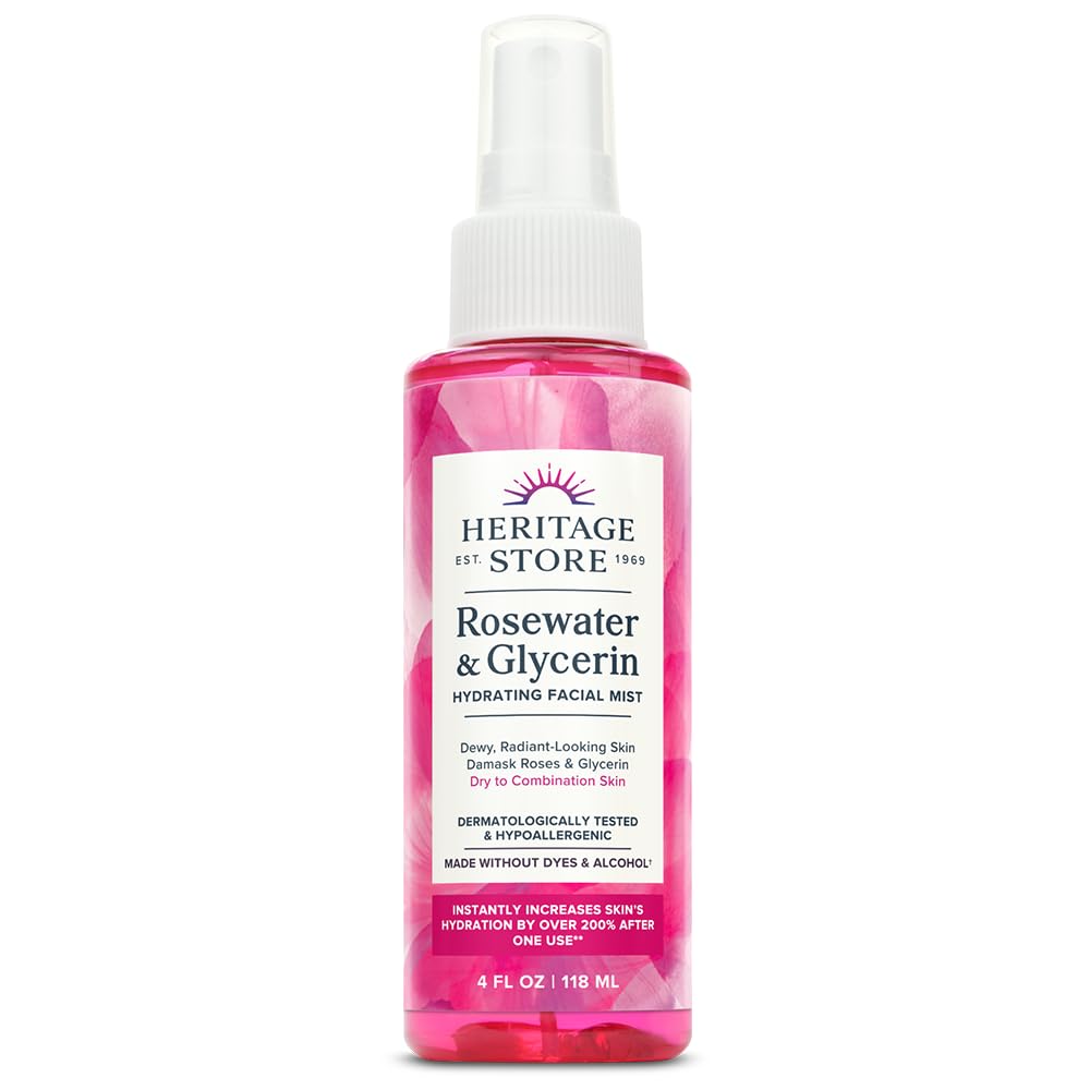 HERITAGE STORE Rosewater & Glycerin Hydrating Facial Mist - Dry Combination Skin Care - Rose Water Spray w/Vegetable Glycerine, Made Without Dyes or Alcohol, Hypoallergenic, 12 FL OZ