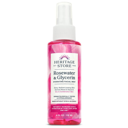 HERITAGE STORE Rosewater & Glycerin Hydrating Facial Mist - Dry Combination Skin Care - Rose Water Spray w/Vegetable Glycerine, Made Without Dyes or Alcohol, Hypoallergenic, 12 FL OZ