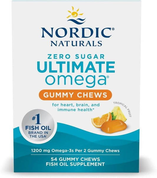 Nordic Naturals Omega 3 Gummies - Ultimate Omega - 54 Count - Tropical | Tropical Fruit gummies. Zero sugar. High-potency omega-3 (Ultimate Omega formula). Heart & brain support. Non-GMO. 54 count.