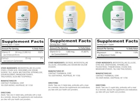 Earth's Splendor Energy & Health: Vitamin B12 (200 Tablets), Magnesium for Bone & Muscle Support (100 Caplets), Vitamin D3 2,000 IU (75 Capsules) – No Artificial Additives, Gluten & Wheat Free