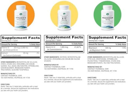 Earth's Splendor Energy & Health: Vitamin B12 (200 Tablets), Magnesium for Bone & Muscle Support (100 Caplets), Vitamin D3 2,000 IU (75 Capsules) – No Artificial Additives, Gluten & Wheat Free